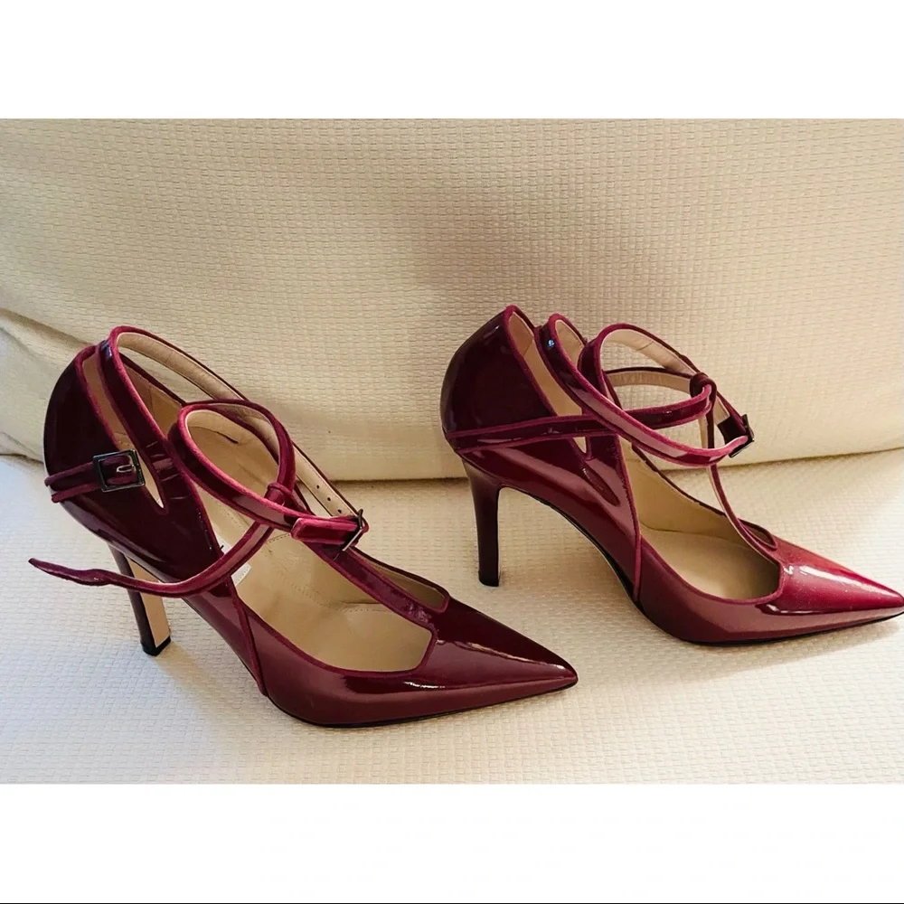 New! HENRI LEPORE DEZERT Carmela Burgundy Patent Crossback Heels  Shoes - Picture 4 of 12
